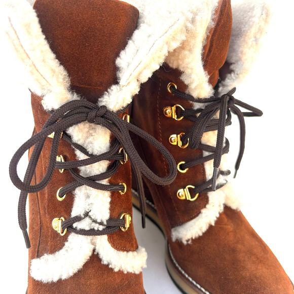 Napoleoni Perisa Suede Wedge Heeled Boots Shearling Camel 37 Lace Up Tan 7 - Picture 5 of 9